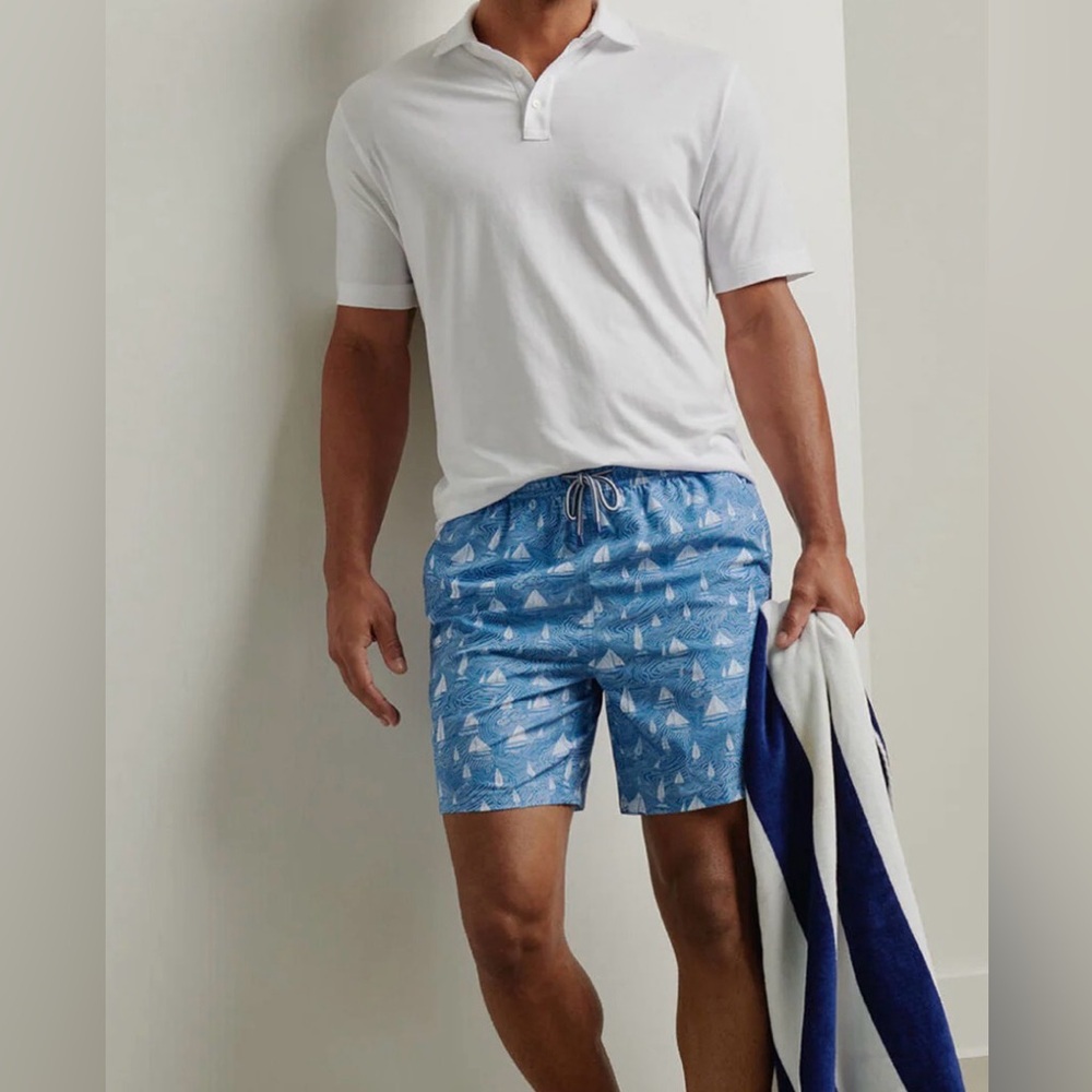 Peter Millar Seaside Collection Blue Seashell Pattern Swim Trunks